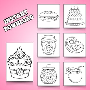 May include: Black and white line art illustrations of various food items, including a sandwich, cake, ice cream, jam, pretzels, cookies, and a coconut drink. The illustrations are on a pink background with the text "INSTANT DOWNLOAD" in white.