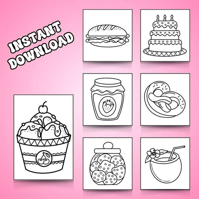 May include: Black and white line art illustrations of various food items, including a sandwich, cake, ice cream, jam, pretzels, cookies, and a coconut drink. The illustrations are on a pink background with the text "INSTANT DOWNLOAD" in white.