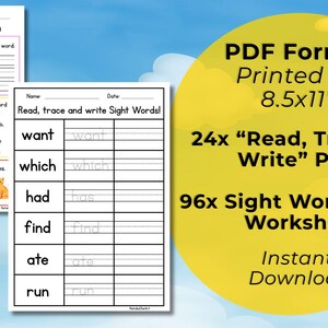 May include: Educational worksheets for sight word practice. The image shows printable pages with exercises like tracing, writing, and sentence completion. The text on the worksheets includes "Read, Trace, and Write Sight Words!" and "Sight Word Practice: you".