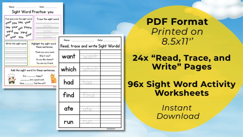 May include: Educational worksheets for sight word practice. The image shows printable pages with exercises like tracing, writing, and sentence completion. The text on the worksheets includes "Read, Trace, and Write Sight Words!" and "Sight Word Practice: you".
