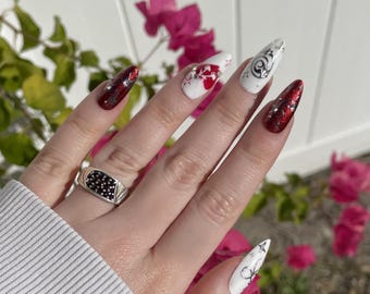 Custom Dark Red Press On Nails Set with Heart, Cherry, Spiral, Cute Nails, Funny Nails, Party Nails, Summer Nails, Fantasy Nails, Gift