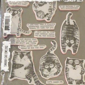May include: A set of 10 clear rubber stamps featuring humorous illustrations of cats with witty sayings. The sayings include "I know right from wrong. Wrong is the fun one." and "Hey, train wreck, this isn't your station."