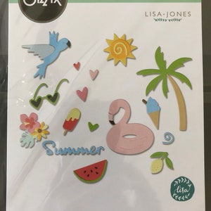 May include: A set of 17 summer-themed die cuts, including a flamingo, palm tree, sunglasses, ice cream cone, watermelon, lemon, and a bird. The die cuts are designed by Lisa Jones and are part of the Sizzix Thinlits collection.