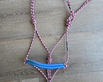 May include: A rope halter constructed from red, white, and blue braided cord, featuring a solid blue padded noseband. The halter includes several secure knots at the crown, cheek, and chin areas, with a black plastic tip on the lead end.