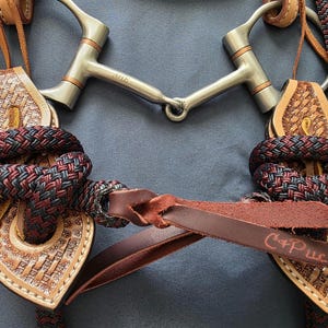 May include: Close-up of a horse bit with a silver metal mouthpiece and copper accents. The bit is connected to a braided rope in shades of red, black, and brown. Leather accents and tooling are visible, with the text "C&P LLC" on a leather strap.