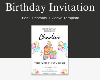 Bright Birthday Party Invitation Printable Balloons Party Theme for Kids Canva Template Invitation Editable Fun Birthday Invite Pastel Theme
