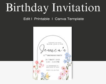 Blumen Geburtstagseinladung Vorlage, bearbeitbares Canva Design (PDF)