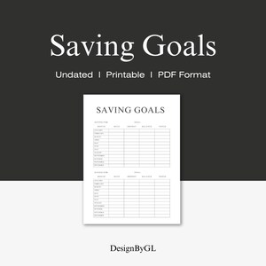 May include: A printable PDF document titled "Saving Goals" with an undated layout. The design features a clean, minimalist aesthetic with a white background and black text. The document includes sections for tracking savings goals.