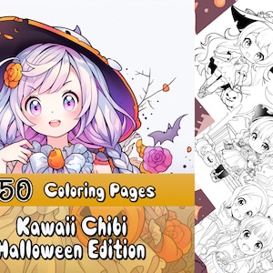 Anime Chibi Halloween Coloring Book, 50 pages, Kawaii Anime, Chibi Coloring, Cute and Creepy Digital Download