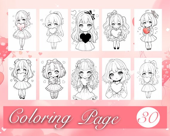 Valentines day Coloring Page Anime Chibi Edition, Valentines Day Kawaii ...