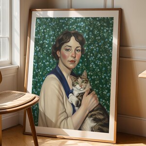 Abstract schilderij vrouw Vintage stijl portret muurkunst vrouw met een kat Bloemmotief: minimalistisch Japandi Scandinavische stijl