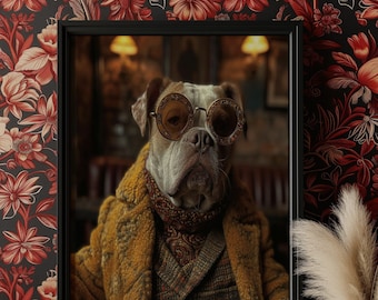 Könnte beinhalten: Ein gerahmtes Porträt eines Hundes, der einen gelben Mantel, einen gemusterten Schal und runde, goldgerahmte Brillen trägt. Der Hund sitzt auf einem Stuhl vor einem dunklen Hintergrund. Der Rahmen ist schwarz und das Porträt befindet sich auf einer weißen Kommode mit goldenen Akzenten.