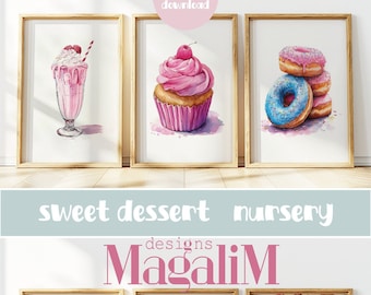 Sweet nursery PRINTABLE set Sweet dessert wall art DIGITAL DOWNLOAD Girl room decor Candy prints Watercolor Baby room painting Minimalistic.