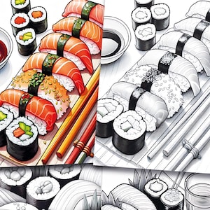 50+pages! Coloring Sushi party DIGITAL DOWNLOAD Japanese Food Printable coloring pages Instant bundle Coloring Japan Book Grayscale Asia art