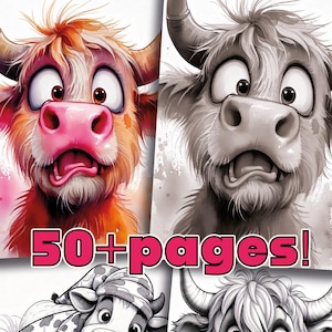 May include: Digital download featuring four cartoon cow illustrations. One is in color, the others in grayscale. The color cow has orange fur and a pink nose. The text "50+ pages!" and "Digital download" are also visible.