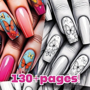 Könnte beinhalten: Ein digitaler Download von über 130 Seiten mit Nagelkunstdesigns. Die Designs zeigen Schmetterlinge, Blumen und geometrische Muster. Die Designs sind in Schwarzweiß und Farbe.
