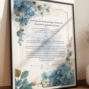 Ketubah PRINTABLE Minimalistic watercolor floral Ketubah DIGITAL DOWNLOAD Jewish marriage certificate Jewish wedding vows print Blue Ketubah