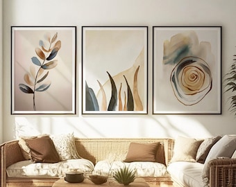Conjunto de arte minimalista bohemio, decoración de pared botánica IMPRIMIBLE, impresión con textura de acuarela, DESCARGA DIGITAL, galería de pared nórdica en tono suave azul beige
