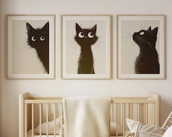 Kids room decor set of 3 prints black cat nursery wall art PRINTABLE set of 3 peeping cats room wall art DIGITAL DOWNLOAD Gender nuteral art