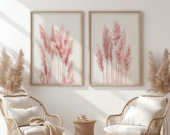 Juego de 2 impresiones de arte de pared bohemio DESCARGA DIGITAL Decoración del hogar de las pampas Juego de 2 piezas IMPRIMIBLE Decoración de habitación botánica de acuarela rosa pastel floral.