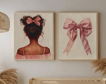 Coquette room decor set of 2 prints DIGITAL DOWNLOAD Girl room wall art Bow PRINTABLE 2 piece set Watercolor wall decor Pink pastel prints.