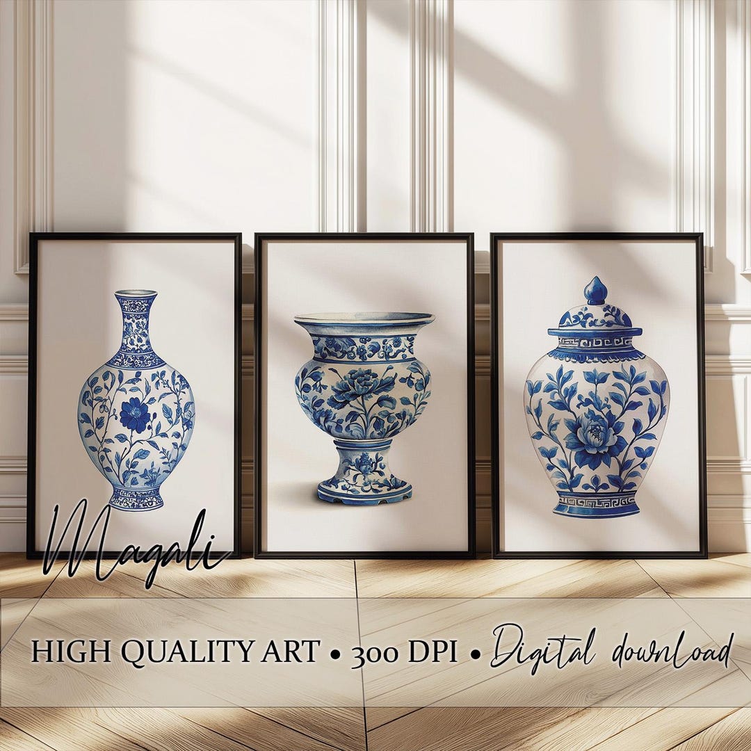Chinoiserie Blue & White Vase Wall Art Set of 3 Vintage Style Printable ...