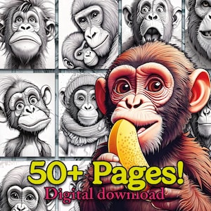 50+ Pages! Monkey chimpanzee Creative Coloring Activity for Kids & Adults Coloring Pages Party Gift Bundle PRINTABLE Grayscale theamed Book.