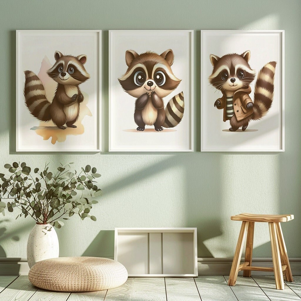 Cute raccoon set Baby room decor Animal nursery print Watercolor wall art set Kids room set of 3 prints DIGITAL DOWNLOAD boy decor gift art.