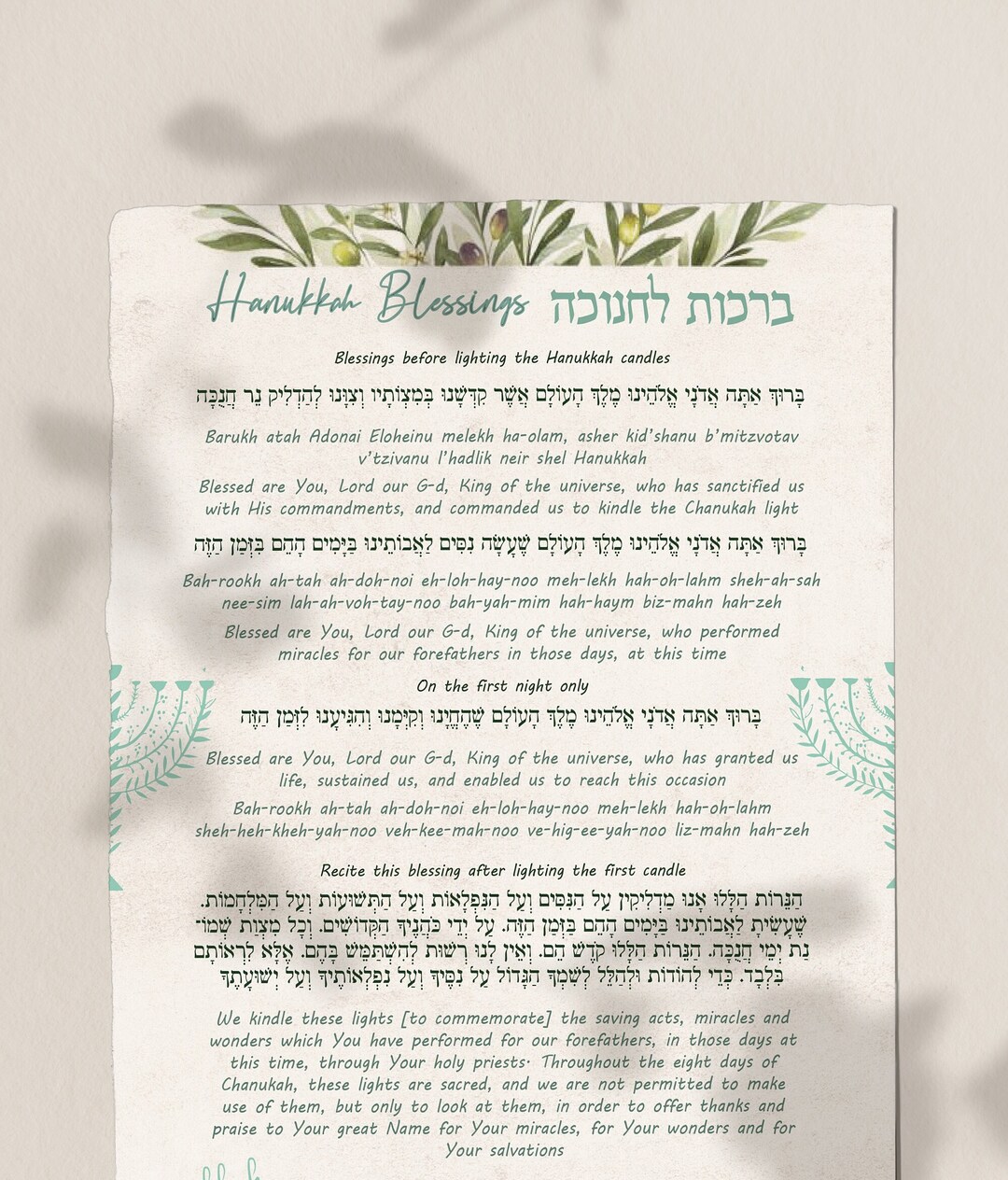 English&hebrew Hanukkah Printable Blessing Card, Chanukkah Brachot