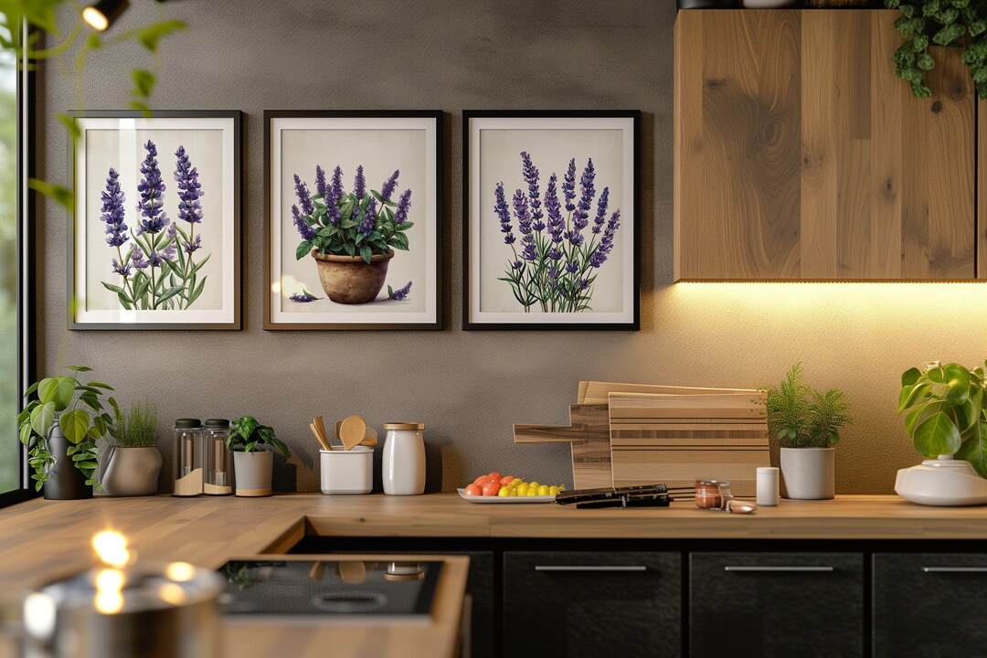 kitchen wall art set of 3 printables kitchen print set... Lavender Watercolor Kitchen Prints, Set of 3 (digital Download) - Etsy
