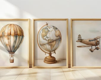 Nursery boy wall art set of 3 prints DIGITAL DOWNLOAD Hot air balloon print PRINTABLE kids room decor Minimalistic nursery bundle Baby room.