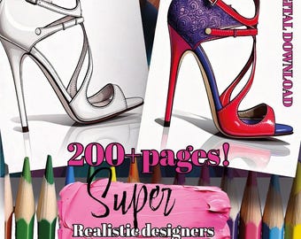 May include: Digital download featuring illustrations of two high-heeled shoes. One is white with a strappy design, and the other is red, purple, and blue with a buckle strap. The image includes the text "200+ pages!" and "Super Realistic designer shoes."