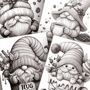 May include: Four black and white illustrations of gnomes in various poses. The first gnome is wearing a hat with berries and holding a mug. The second gnome is holding a mug and sitting on a pile of coffee beans. The third gnome is holding a mug with the text "Hug in a Mug" and is sitting in a mug. The fourth gnome is sitting in a mug with the text "Zesty Brew".