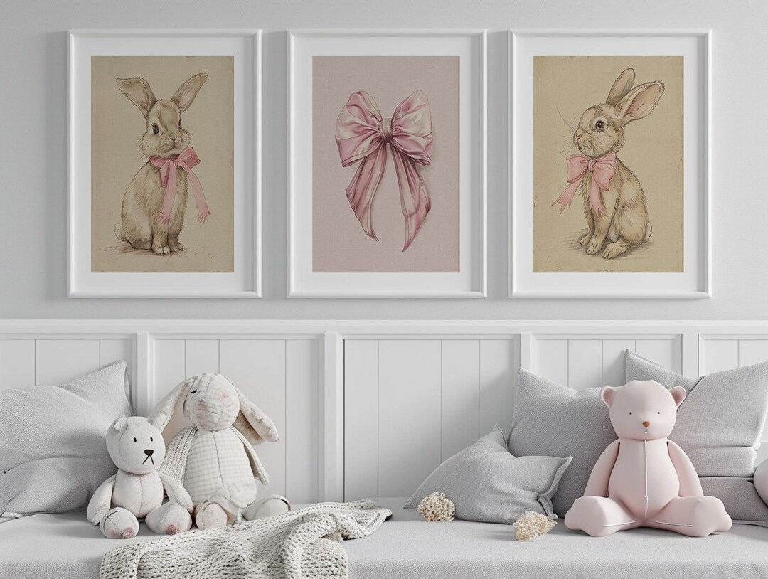 Bunny Nursery Wall Art Set of 3 Prints DIGITAL DOWNLOAD Pastel Pink ...