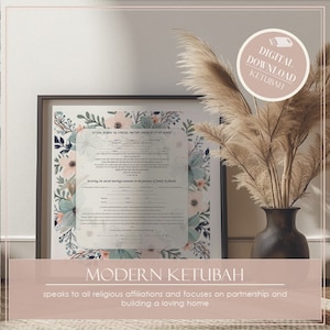 Boho floral PRINTABLE ketubah Hebrew English DIGITAL DOWNLOAD Watercolor Jewish wedding certificate print Modern Ketubah Reform Jewish vow.