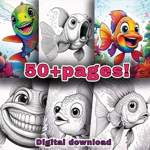 Könnte beinhalten: Ein digitales Malbuch mit über 50 Seiten Schwarzweiß-Illustrationen von Fischen. Die Illustrationen sind detailliert und fantasievoll, mit einer Vielzahl von Ausdrücken und Posen. Das Titelbild zeigt einen bunten Fisch mit einem breiten Lächeln.