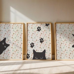 Juego de guardería de gato negro, decoración de habitación de niña, imprimible digital, arte de pared minimalista de gatito, arte minimalista, regalo para niña, juego de 3 carteles para habitación de bebé, bricolaje.