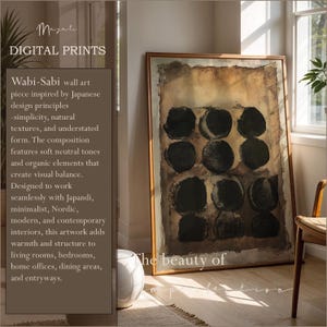 May include: A rectangular framed wall art piece featuring a grid of nine dark, textured circular shapes against a muted beige and brown background. The artwork is displayed in a wooden frame, with text overlay reading Magali DIGITAL PRINTS.