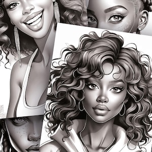 May include: Black and white digital illustration of three women with different hairstyles. Each woman has a different expression on her face. The women are drawn in a realistic style.