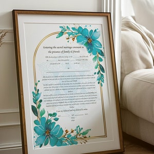 Ketubah PRINTABLE Minimalistic watercolor floral Ketubah DIGITAL DOWNLOAD Jewish marriage certificate Jewish wedding vows print Blue Ketubah