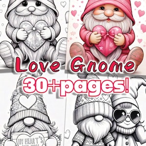 Può includere: Un libro da colorare digitale con gnomi con cuori e il testo "Love Gnome 30+ pages! DIGITAL DOWNLOAD".
