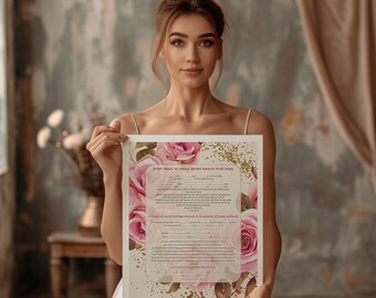 Hebrew modern ketubah Handmade Judaica PRINTABLE Roses Jewish wedding certificat Boho Floral DIGITAL DOWNLOAD Hebrew Botanical ketubah.