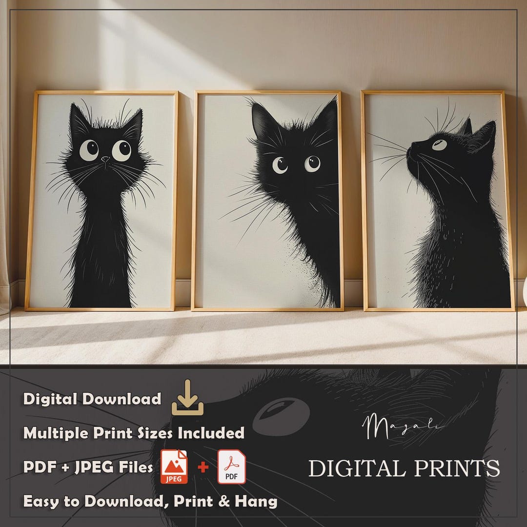 Kids Room Decor Set of 3 Prints Black Cat Nursery Wall Art PRINTABLE ...