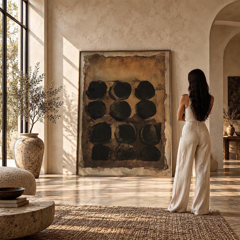 Wabi-Sabi, Japandi and Organic Modern design, this artwork celebrates the beauty of imperfection, simplicity, natural textures and organic forms. Wabi-Sabi is a Japanese aesthetic that finds beauty in authenticity, subtle irregularity, weathered textures and the imperfect character of natural materials, while Japandi combines Japanese minimalism with the warmth and simplicity of Scandinavian interiors.
