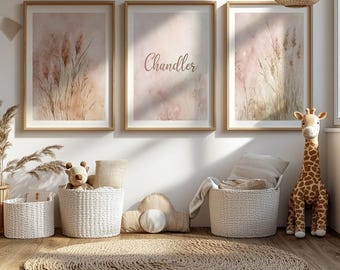 Custome Personalise Girl Name Boho Bohemian Pampas Floral Wall Art Room Decor Set 3 prints Cute Baby Nursery Gift INSTANT DOWNLOAD Newborn.