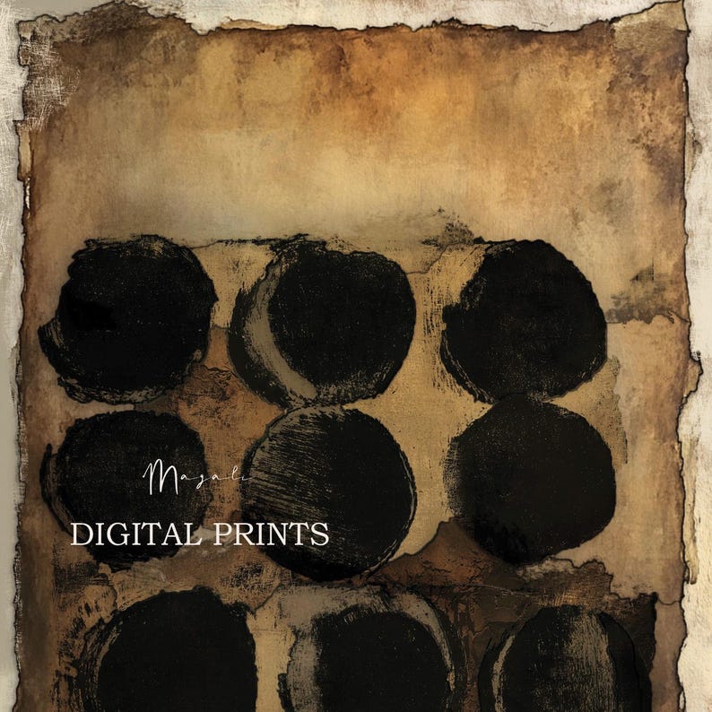 May include: A rectangular art print featuring a grid of nine textured black circles arranged in three rows against a distressed, mottled tan and brown background with rough, torn-style edges. The text Mazali DIGITAL PRINTS is centered.