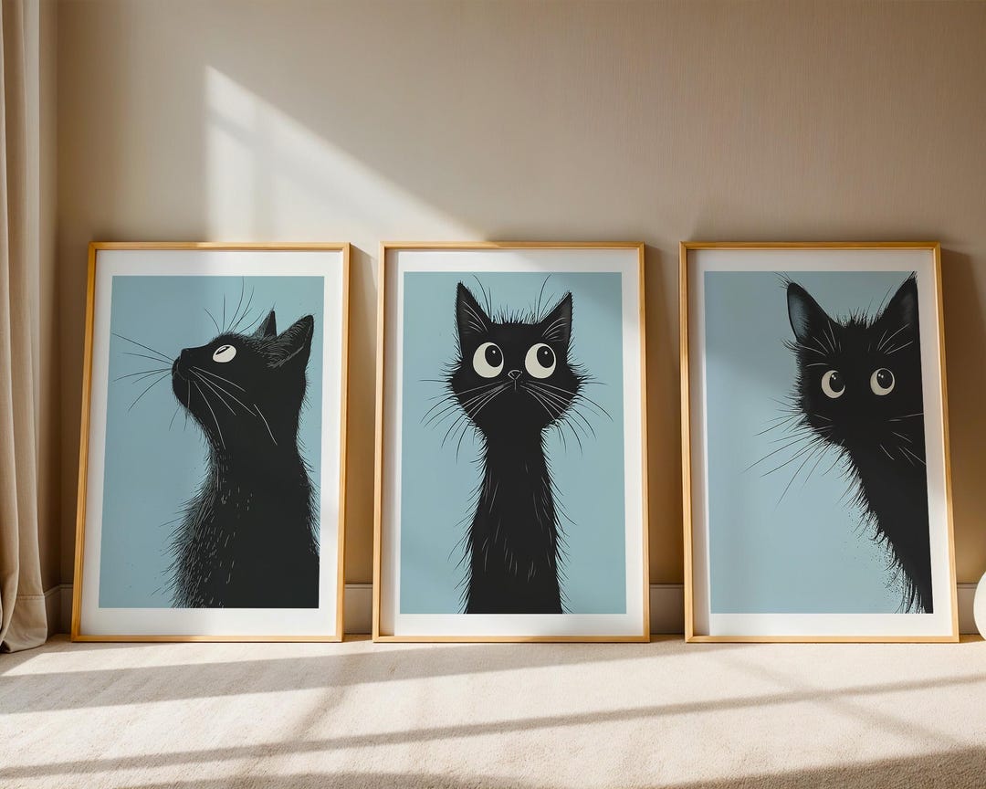 Black Cat Wall Art Set, Minimalist Nursery Prints, Cute Kids Room Decor ...