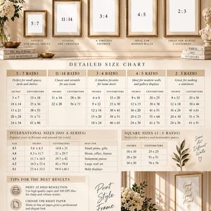 May include: A wall art print size guide infographic featuring five framed rectangles labeled with ratios 5:7, 11:14, 3:4, 4:5, and 2:3. It includes a detailed size chart with imperial and metric measurements, international ISO A-series sizes, and square sizes.