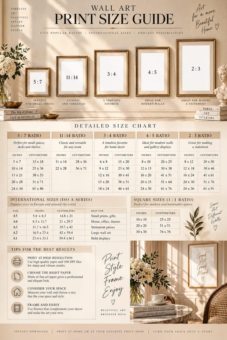 May include: A wall art print size guide infographic featuring five framed rectangles labeled with ratios 5:7, 11:14, 3:4, 4:5, and 2:3. It includes a detailed size chart with imperial and metric measurements, international ISO A-series sizes, and square sizes.