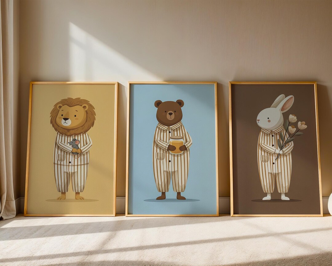 Nursery Wall Art Set Lion Bear Bunny Prints in Pajamas Baby Room ...